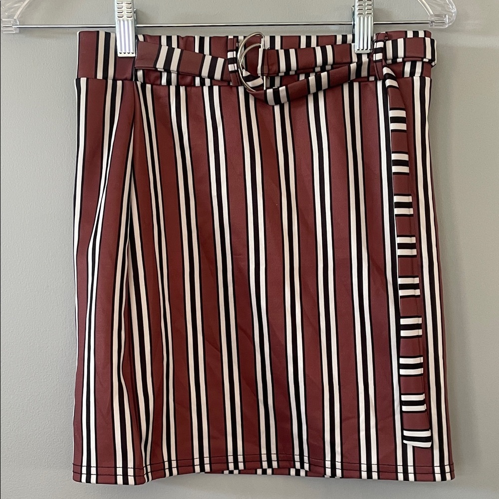 Striped Belted A-Line Skirt in Burgundy -brown and White new with tags size 4